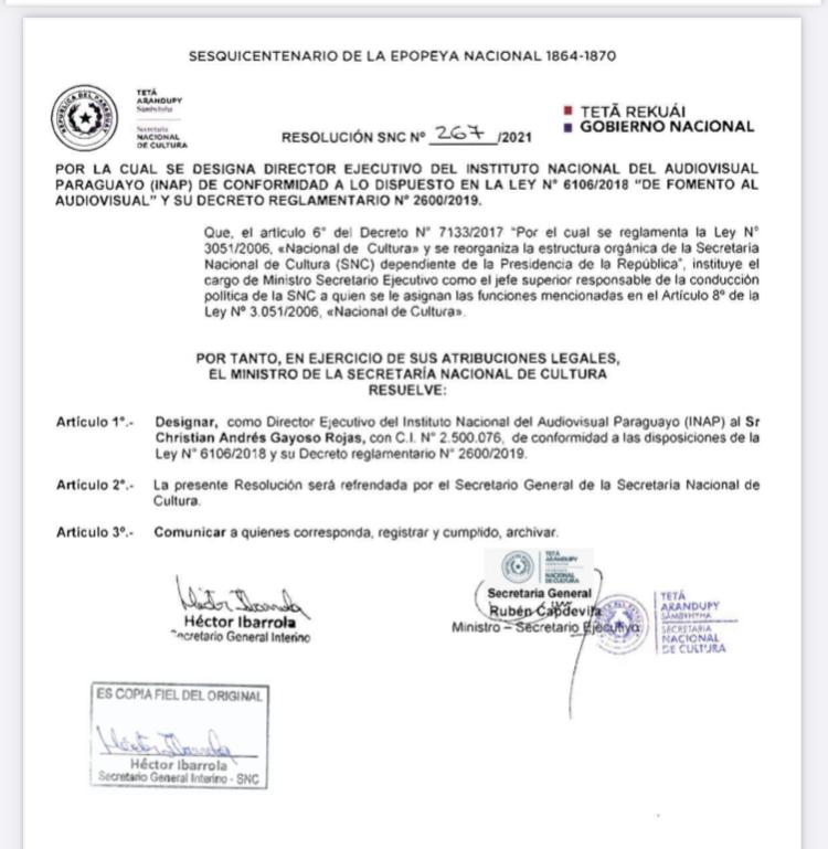 Es designado primer director ejecutivo del Instituto Nacional del Audiovisual Paraguayo (INAP) imagen